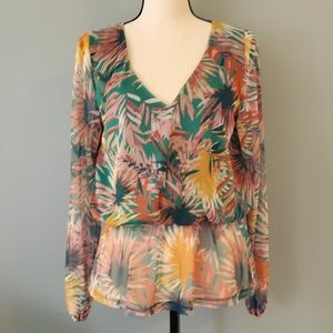 Willow & Root NWT Woman's LS Floral Ruffle Top Small Stretchy Lined Sheer Tropic